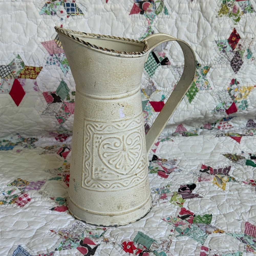 Vintage Style Cream‎ Metal Heart Embossed Pitcher Farmhouse Decorative Vase 9in